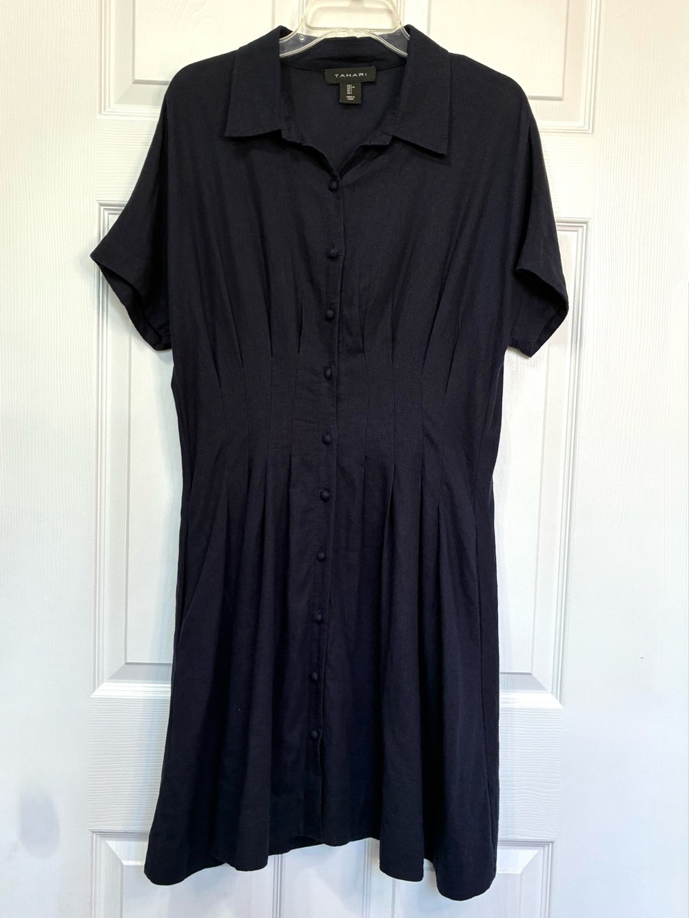 Tahari Linen Blend Dress Womens Large Navy Blue Pleated Shirtwaist Summer Office
